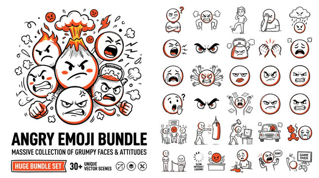 Angry emoji bundle, massive collection of grumpy faces and attitudes, 30 plus unique vector scenes of mad characters and frustrated icons