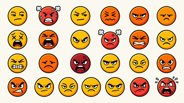Angry emoji icon set with 24 aggressive facial expressions, red and orange mad emoticons, furious cartoon character faces for social media