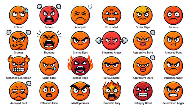 Angry emoji collection, 24 furious face icons in orange and red colors, aggressive character expressions vector set for social media and messaging