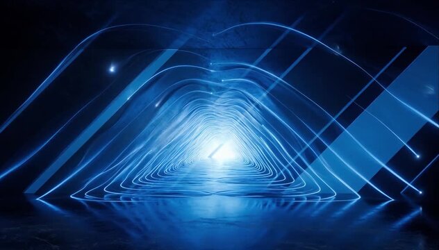 Futuristic tunnel neon light blue background abstract glowing sci fi digital corridor with geometric line depth modern technology wall reflection dark surreal light trail backdrop
