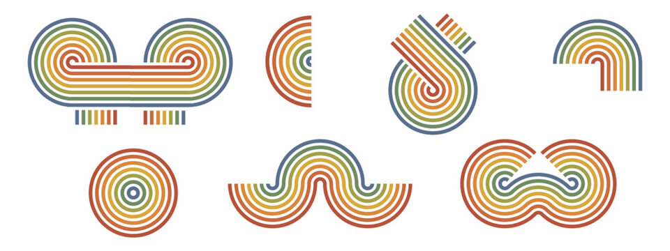 Vintage rainbow stripe shape set. Arch, curve, wave, round multiline forms. Retro 70s earth tones. For groovy poster, pattern, logo, print. Vector decorative elements.