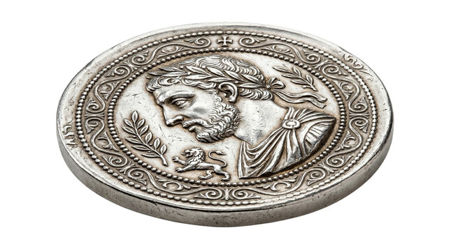 Silver coin or medal with ancient mans profile, laurel wreath, isolated on transparent background