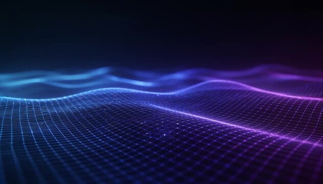 Abstract neon wave background grid futuristic digital technology blue purple glow dynamic motion, immersive depth horizon, smooth curved mesh surface softly undulating glowing gradient light