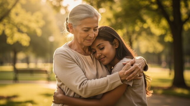 Elderly Woman Hugging Young Woman Outdoors in Sunlight