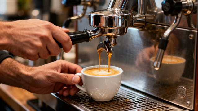 Stainless steel espresso machine preparing rich coffee with adult male hands in caf&eacute; setting naturally