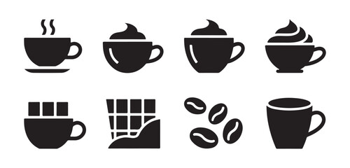 Obraz premium Collection of Coffee and Chocolate Icons Featuring Cups, Whipped Cream, Coffee Beans, and Chocolate Bars