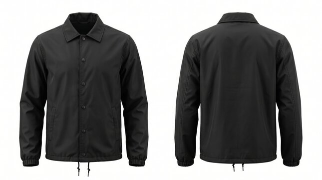 Blank Black Coach Jacket Mockup with Front and Back View Isolated on White Background