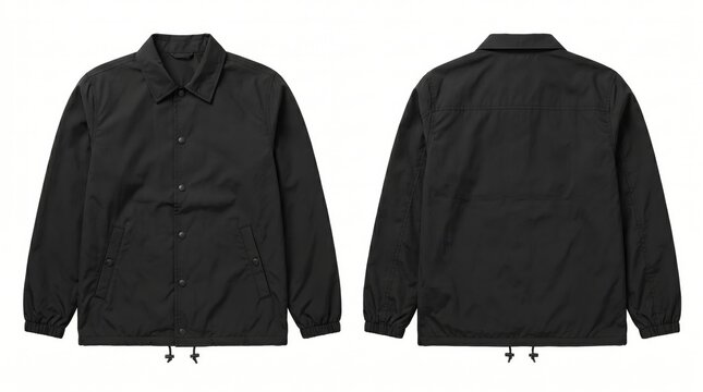 Flat Lay Black Coach Jacket Mockup Front and Back View Isolated on White Background
