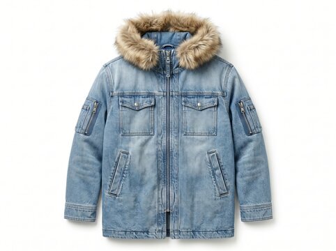 Light Blue Denim Parka Jacket with Fur Hood Isolated on White Background