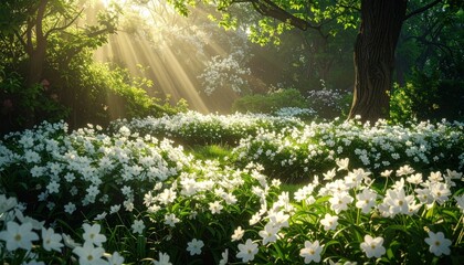 Obraz premium Sunlight filtering through white flowers forest.