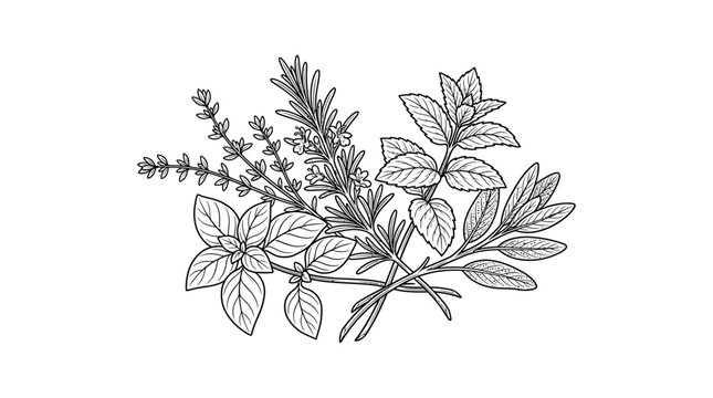 Hand drawn illustration of a fresh culinary herb bundle including rosemary thyme mint and basil.