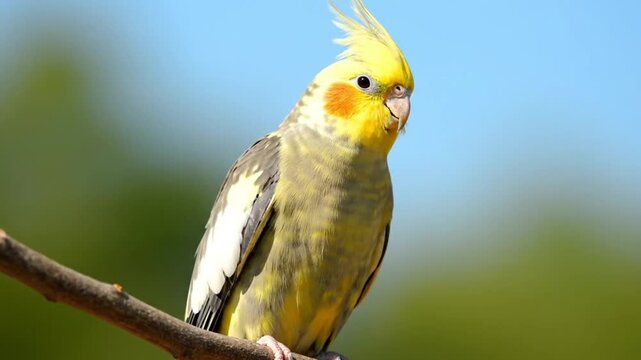 Cockatiel Parrot Stretching Wings and Preening on a Branch Outdoors