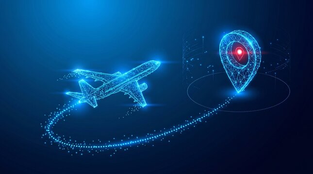 Airplane flight path with navigation map marker representing travel planning and global air route tracking technology airplane navigation location tracking destination technology