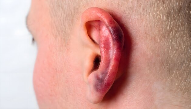 Close up of human ear with traumatic bruise and acute cauliflower ear early stage hematoma on clean background