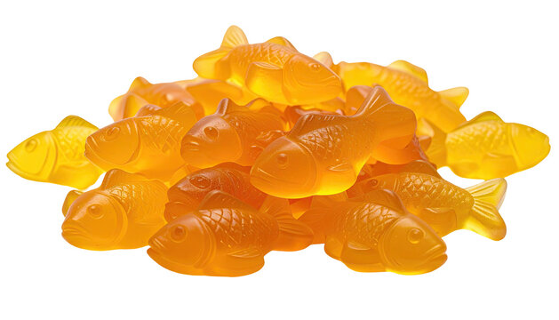 Pile of translucent, orange fish-shaped gummy candies on black