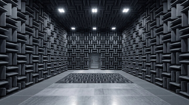 Anechoic chamber interior with black acoustic foam panels
