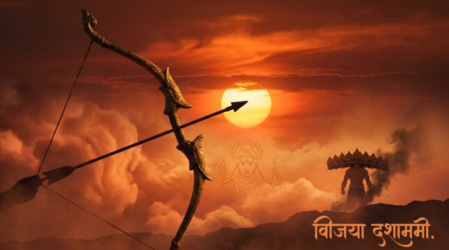 Dramatic silhouette of a traditional bow and arrow poised against a multi-headed effigy at sunset, symbolizing the timeless victory of good over evil during an ancient cultural celebration