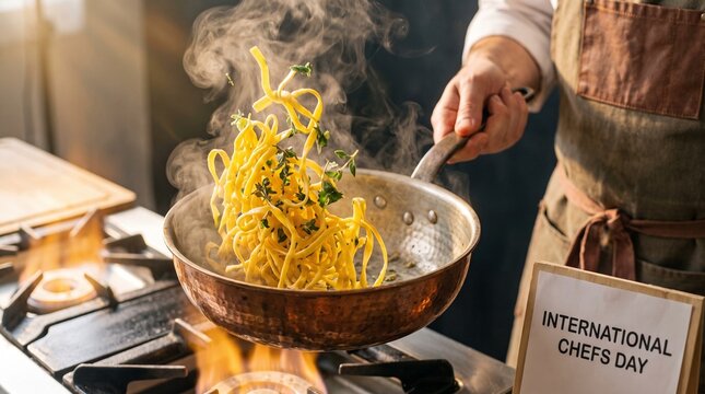 A skilled chef expertly tosses a vibrant pasta dish in a sizzling pan on a gas stove, celebrating International Chefs Day with culinary flair