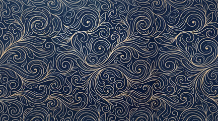 Seamless pattern with elegant gold swirls on a dark blue background, ornate floral wallpaper design © S.Siam