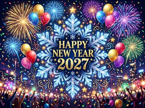 Happy new year 2027 celebration with crowd watching fireworks display over city skyline and festive balloons.