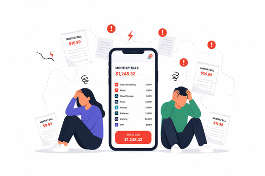 Overwhelmed by Monthly Subscription Bills &ndash; Financial Stress Flat Vector Illustration