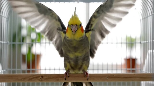 Cockatiel Stretching and Flapping Wings on Perch in Cage