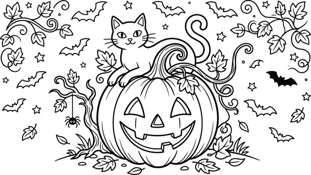 Happy helloween day cat on jack o lantern with bats and spider