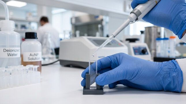 Scientist pipetting liquid sample into cuvette in laboratory