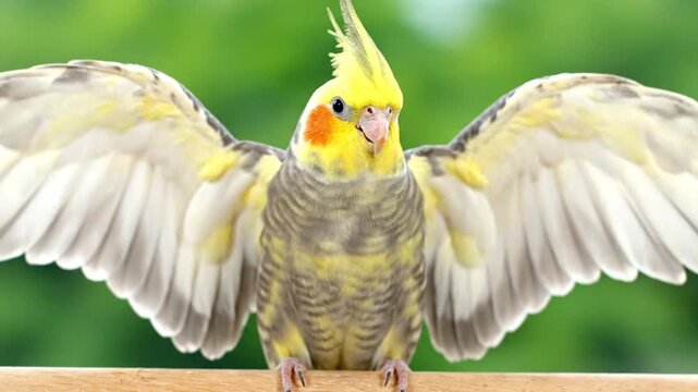 Cockatiel spreading its wings while perched on a wooden branch