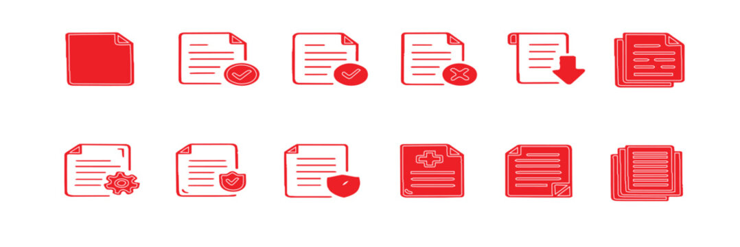 Document icon set. Clipboard outline icons. Containing text documents, files, lists, folders, contracts, and more. Vector illustration