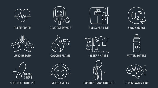 Health, wellness, and fitness icons, 16 line style symbols, pulse graph, glucose device, bmi scale