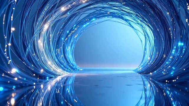 Blue fiber optic tunnel with glowing lights