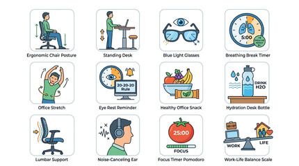 Fototapeta premium Office Wellness Icons, Workplace Health Symbols, Ergonomic Furniture Graphics, Healthy Habits Illustrations