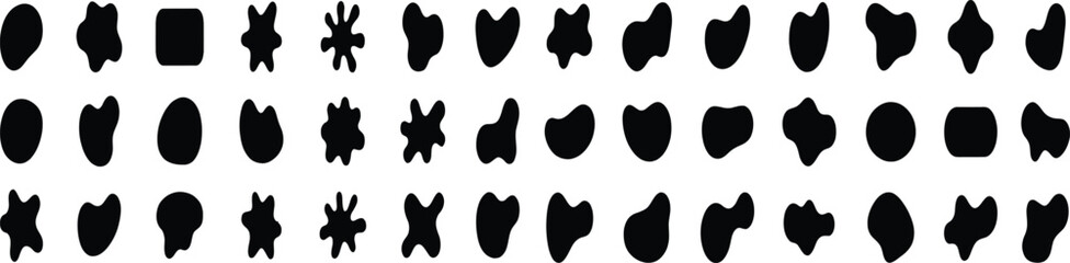 Fototapeta premium Organic black blobs of irregular shape. Abstract blotch, inkblot and pebble silhouettes, simple liquid amorphous elements. Organic blob shapes collection