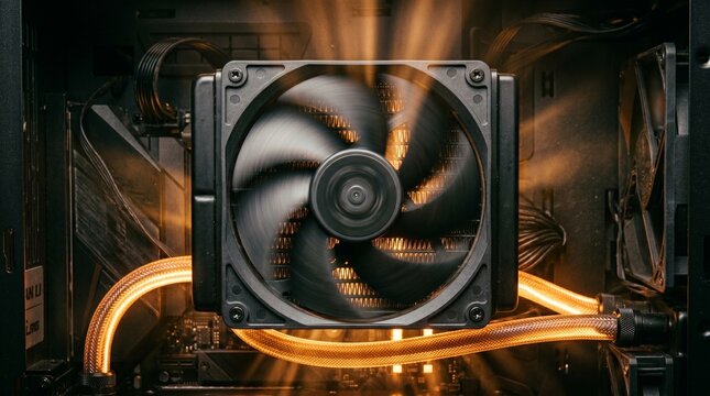 Close-up of a powerful computer cooling fan spinning with glowing orange liquid tubes inside a PC case, showcasing high-performance hardware