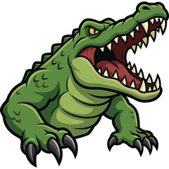 Fototapeta premium A cartoon crocodile with sharp teeth and claws is roaring aggressively outdoors.