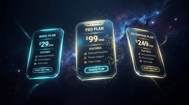 Three glowing pricing plan cards with subscription tiers in deep space