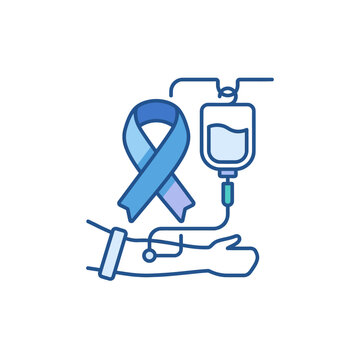 Blue ribbon awareness icon for chemotherapy treatment with IV bag and patient arm infusion medical therapy symbol for cancer care