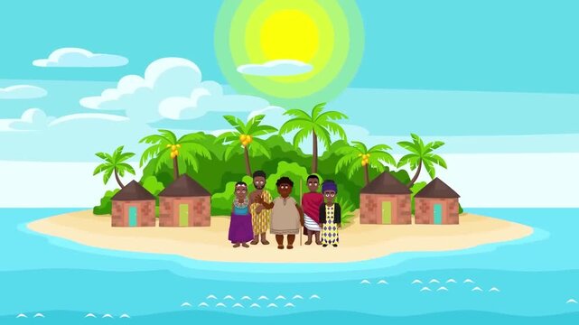 2D Animated Tropical Island Paradise Resort, People Gathering by Beach Huts and Huts Village, Sunny Summer Vacation Vector Concept