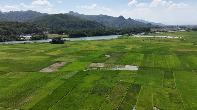 Aerial river valley farmland video footage.