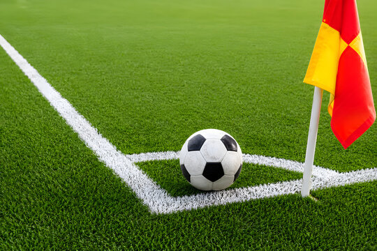 A small child's hand resting on a soccer ball decorated with the national flag of Spain on a lush green grass field during a sunny day