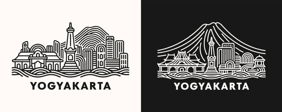 Yogyakarta Indonesia Skyline Linear Vector Illustration For Javanese Cultural Tourism Promotion And Historic Heritage Branding Designs
