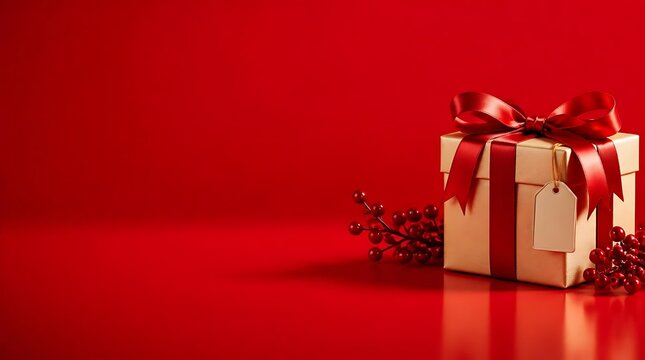 A beautifully wrapped gift box with a red ribbon sits on a red surface beside holly on a solid red background bac (1234).jpg