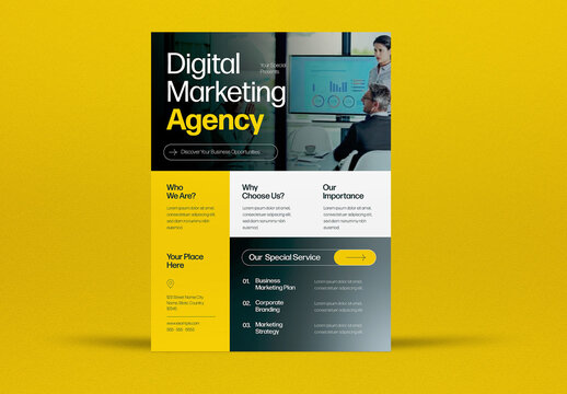 Yellow and Black Modern Digital Marketing Agency Flyer Layout