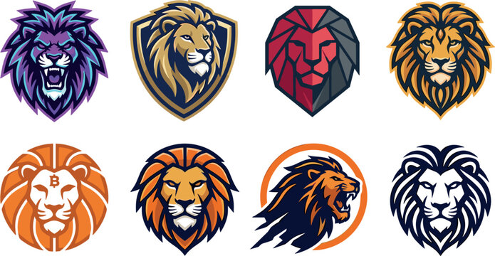 Lion mascot logo vector collection featuring neon esports avatars geometric wildcat emblems roaring big cat shield crests and crypto bitcoin token icon on white background