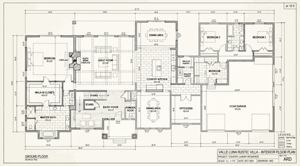 Detailed architectural floor plan of a large luxury villa with multiple bedrooms and living spaces © Saharia