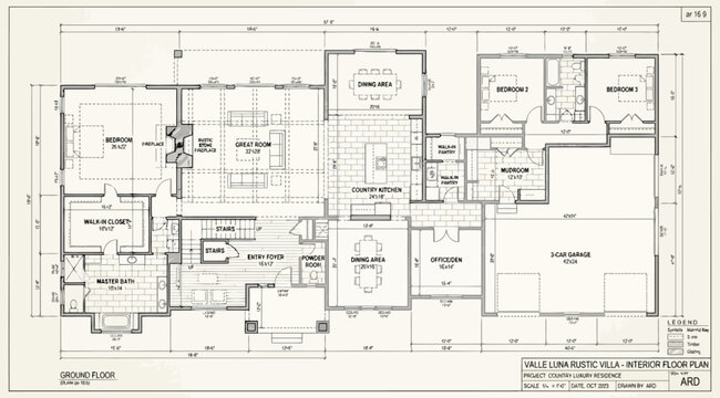 Detailed architectural floor plan of a large luxury villa with multiple bedrooms and living spaces