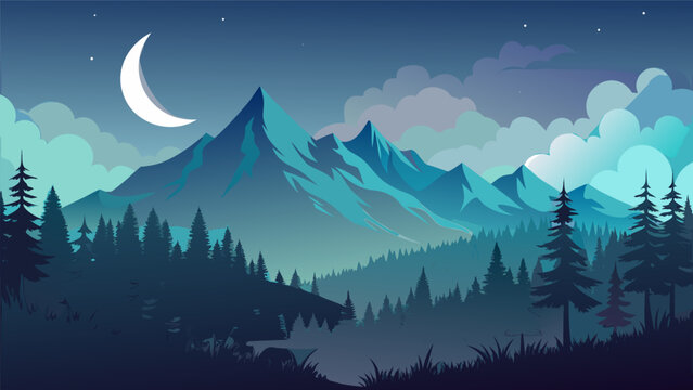Mountain landscape with crescent moon in twilight blue and green lighting in flat vector style for nature backgrounds.