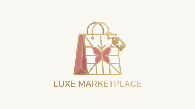 A logo showcases a luxurious shopping bag with a pink butterfly and gold lines on a cream background surrounded by text.