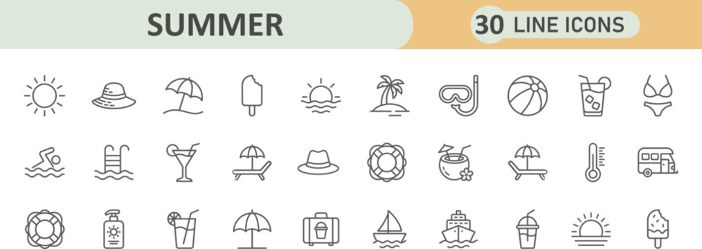 Thirty summer season thin line icons collection with vacation sunscreen cocktail swimsuit